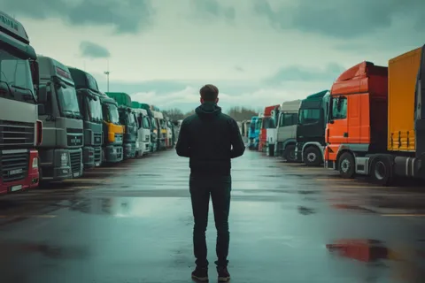 Disponent mit Frachtliste vor der LKW-Flotte